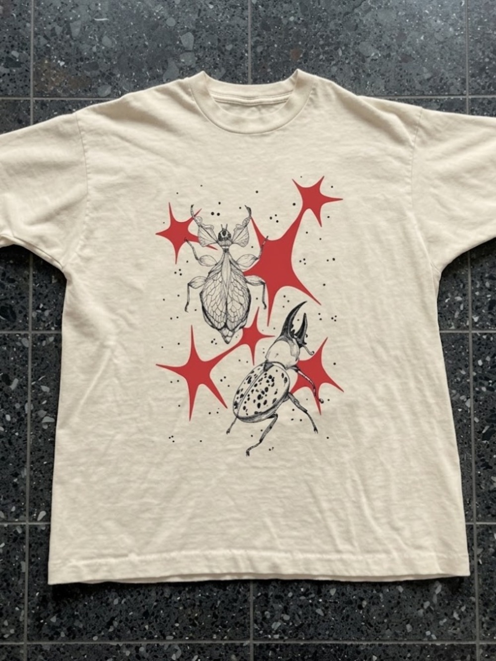 Beetle Graphic Tee in Cream with Red Accents